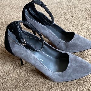 BCBG suede heels that buckle around the ankle